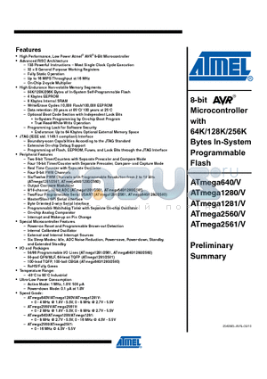 ATMEGA1280V datasheet - 8-bit Microcontroller with 64K/128K/256K Bytes In-System Programmable Flash