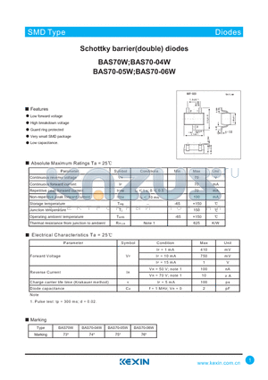 BAS70W datasheet - Schottky barrier(double) diodes