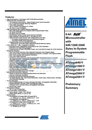 ATMEGA1280-16AU datasheet - 8-bit Microcontroller with 64K/128K/256K Bytes In-System Programmable Flash