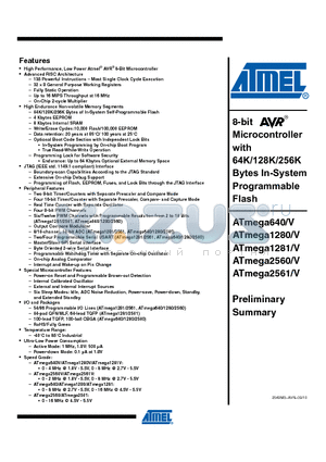 ATMEGA1281 datasheet - 8-bit Microcontroller with 64K/128K/256K Bytes In-System Programmable Flash