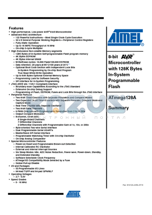 ATMEGA128A-MUR datasheet - 8-bit Microcontroller with 128K Bytes In-System Programmable Flash