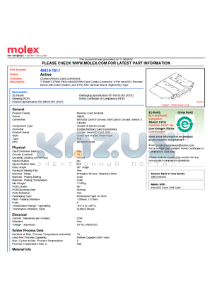 0496191611 datasheet - 1.10mm/1.27mm Pitch microSD/SIM Card Combo Connector, 8-Pin microSD, Reverse Mount with Detect Switch, and 8-Pin SIM, Normal Mount, Right Entry Type