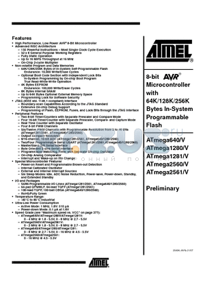 ATMEGA1281V datasheet - 8-bit Microcontroller with 64K/128K/256K Bytes In-System Programmable Flash