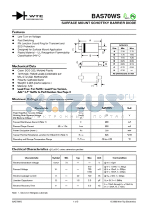 BAS70WS datasheet - SURFACE MOUNT SCHOTTKY BARRIER DIODE