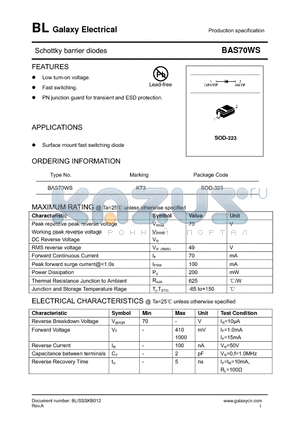 BAS70WS datasheet - Schottky barrier diodes