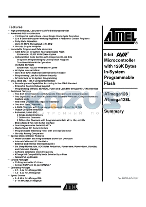 ATMEGA128L datasheet - 8-bit Microcontroller with 128K Bytes In-System Programmable Flash