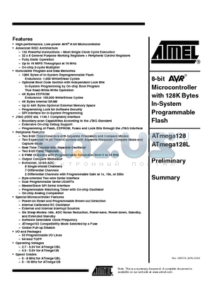 ATMEGA128L datasheet - 8-bit Microcontroller with 128K Bytes In-System Programmable Flash