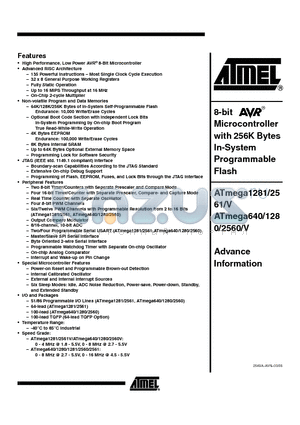 ATMEGA1280 datasheet - 8- BIT Microcontroller with 256K Bytes In-System Programmable Flash