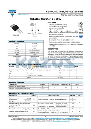 40L15CT-N3 datasheet - Schottky Rectifier, 2 x 20 A