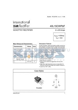 40L15CW datasheet - SCHOTTKY RECTIFIER 2 x 20 Amps
