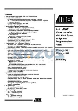 ATMEGA128L-8AC datasheet - 8-bit Microcontroller with 128K Bytes In-System Programmable Flash