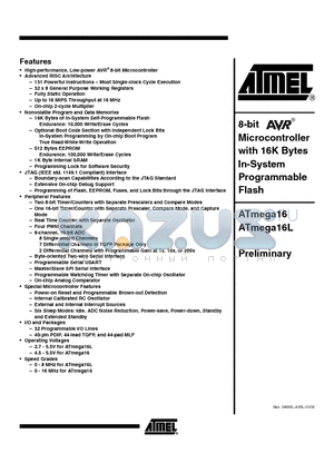 ATMEGA16-16MI datasheet - 8-bit AVR Microcontroller with 16K Bytes In-System Programmable Flash