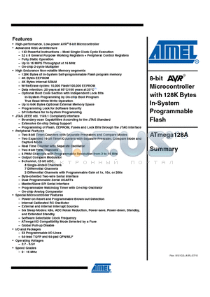 ATMEGA128A-AUR datasheet - 8-bit Microcontroller with 128K Bytes In-System Programmable Flash