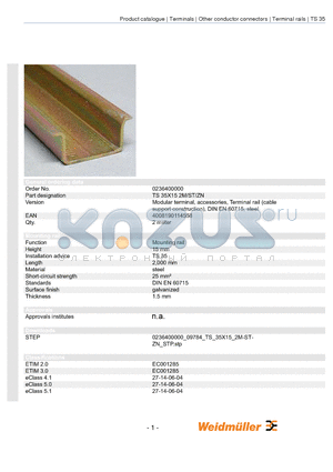 0498000000 datasheet - Modular terminal, accessories, Terminal rail (cable support construction), DIN EN 60715, steel