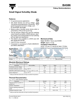 BAS86 datasheet - Small Signal Schottky Diode