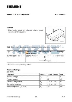BAT114-099 datasheet - Silicon Dual Schottky Diode (High barrier diode for balanced mixers, phase detectors and modulators)