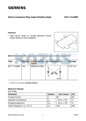BAT114-099R datasheet - Silicon Crossover Ring Quad Schottky Diode (High barrier diode for double balanced mixers, phase detectors and modulators)