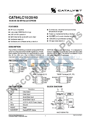 CAT64LC10JTE13 datasheet - 1K/2K/4K-Bit SPI Serial E2PROM