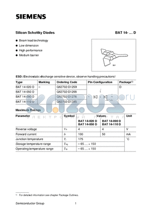 BAT14-020D datasheet - Silicon Schottky Diodes (Beam lead technology Low dimension High performance Medium barrier)