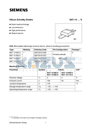 BAT14-020S datasheet - Silicon Schottky Diodes (Beam lead technology Low dimension High performance Medium barrier)