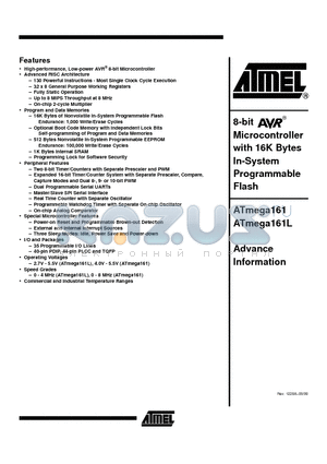 ATMEGA161-4AC datasheet - 8-bit Microcontroller with 16K Bytes In-System Programmable Flash