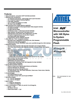 ATMEGA16 datasheet - 8-bit Microcontroller with 16K Bytes In-System Programmable Flash