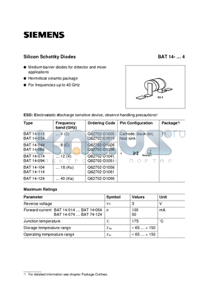 BAT14-124 datasheet - Silicon Schottky Diodes (Medium barrier diodes for detector and mixer applications Hermetical ceramic package)