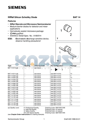 BAT14-124 datasheet - HiRel Silicon Schottky Diode (HiRel Discrete and Microwave Semiconductor Medium barrier diodes for detector and mixer applications)