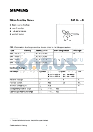 BAT14-D datasheet - Silicon Schottky Diodes (Beam lead technology Low dimension High performance Medium barrier)