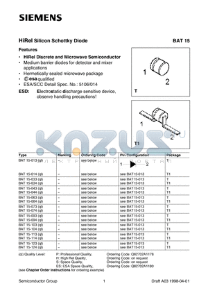 BAT15-013ES datasheet - HiRel Silicon Schottky Diode (HiRel Discrete and Microwave Semiconductor Medium barrier diodes for detector and mixer applications)