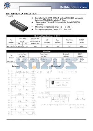 40PT1041AX datasheet - 40 PIN DIP ETHERNET 10/100 BASE -TX HIGH SPEED LAN MAGNETICS