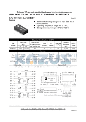 40ST1021A datasheet - 40PIN SMD ETHERNET 10/100 BASE TX TWO PORT TRANSFORMER