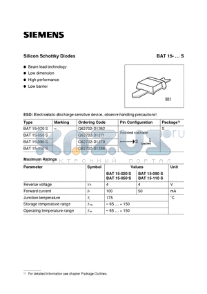 BAT15-050S datasheet - Silicon Schottky Diodes (Beam lead technology Low dimension High performance Low barrier)