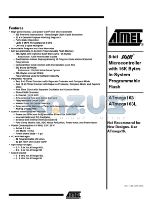 ATMEGA163L-4PI datasheet - 8-bit Microcontroller with 16K Bytes In-System Programmable Flash