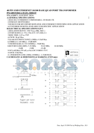 40ST1041A datasheet - 40 PIN SMD ETHERNET 10/100 BASE QUAD PORT TRANSFORMER