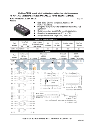 40ST1041A_S datasheet - 40 PIN SMD ETHERNET 10/100 BASE QUAD PORT TRANSFORMER