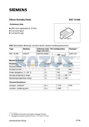 BAT15-098 datasheet - Silicon Schottky Diode (DBS mixer application to 10 GHz Low noise figure Low barrier type)