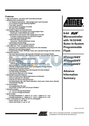 ATMEGA164/V datasheet - 8-bit Microcontroller with 16/32/64K Bytes In-System Programmable Flash