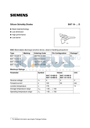 BAT15-110D datasheet - Silicon Schottky Diodes (Beam lead technology Low dimension High performance Low barrier)