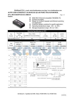 40ST1041PM_M datasheet - 40 PIN SMD ETHERNET 10/100 BASE QUAD PORT TRANSFORMER