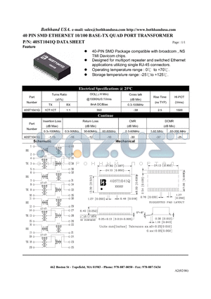 40ST1041Q_S datasheet - 40 PIN SMD ETHERNET 10/100 BASE-TX QUAD PORT TRANSFORMER
