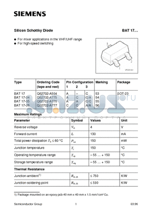 BAT17 datasheet - Silicon Schottky Diode (For mixer applications in the VHF/UHF range For high-speed switching)