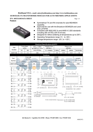 40ST1140 datasheet - 10/100 BASE-TX TRANSFORMER MOSULES FOR AUTO MDI/MDIX APPLICATIONS