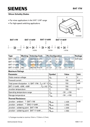 BAT17W datasheet - Silicon Schottky Diodes (For mixer applications in the VHF / UHF range For high-speed switching applications)