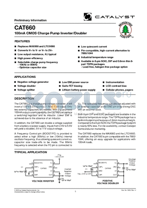 CAT660ESA-TE13 datasheet - 100mA CMOS Charge Pump Inverter/Doubler