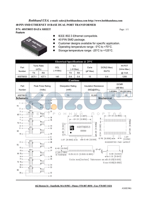 40ST8053_S datasheet - 40 PIN SMD ETHERNET 10 BASE DUAL PORT TRANSFORMER