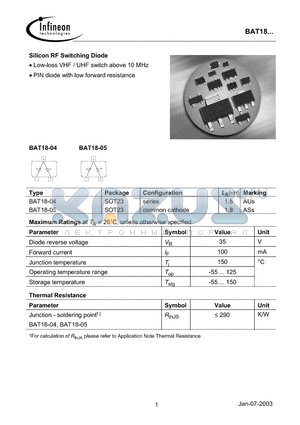 BAT18-04 datasheet - Silicon RF Switching Diode