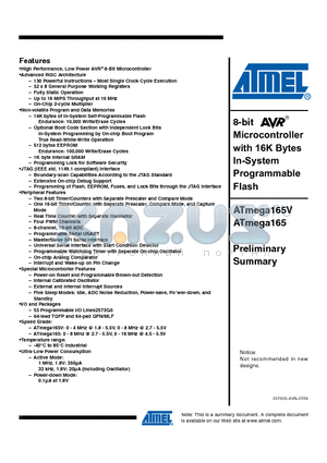 ATMEGA165 datasheet - 8-bit Microcontroller with 16K Bytes In-System Programmable Flash