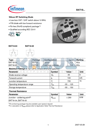 BAT18-05 datasheet - Silicon RF Switching Diode