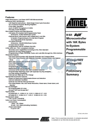 ATMEGA165-16MI datasheet - 8-bit Microcontroller with 16K Bytes In-System Programmable Flash